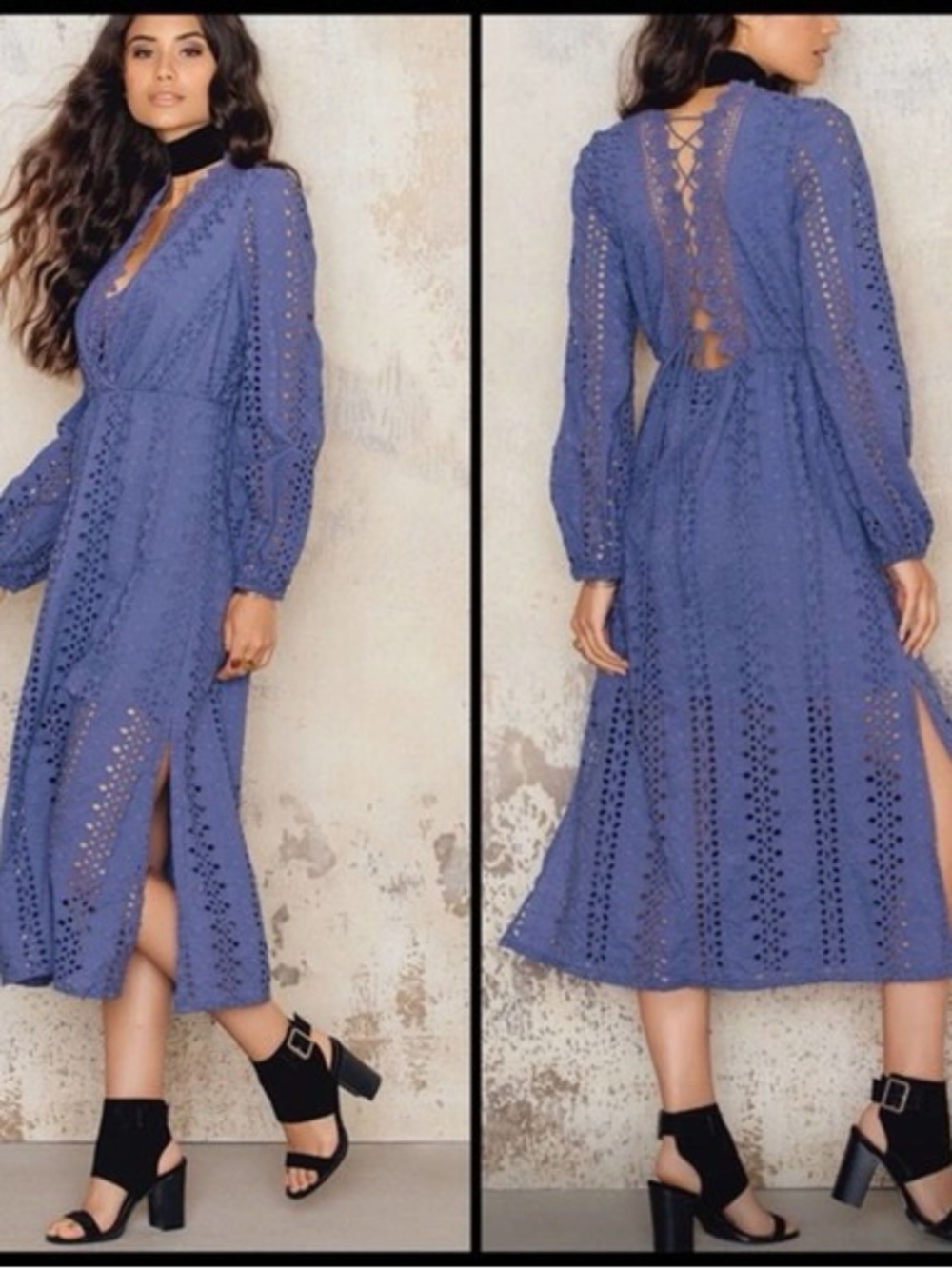 Bardot Alexa Dress Womens Size 8 Purple Eyelet Lace Midi Long Sleeve